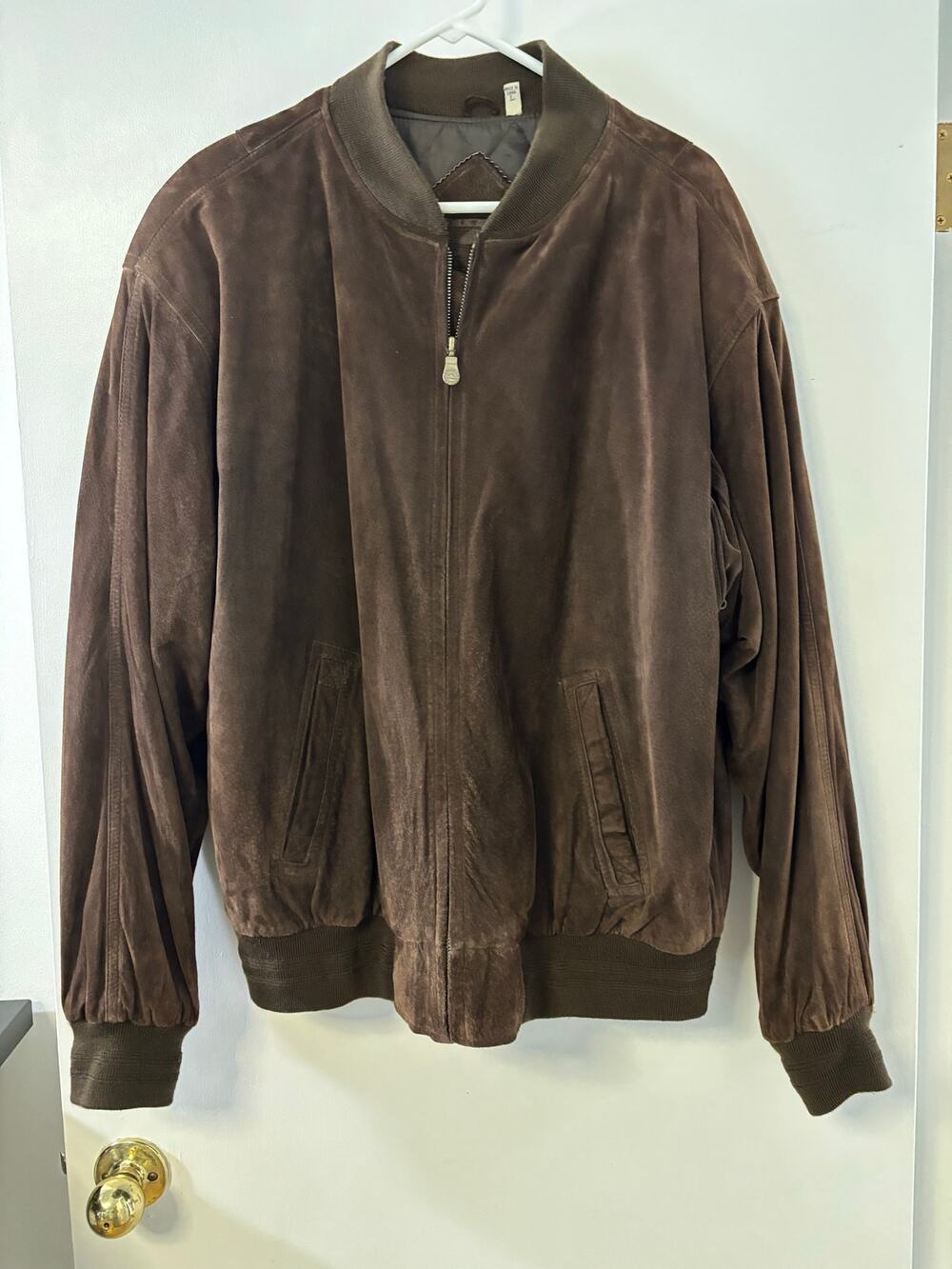 Roundtree & Yorke Men’s Brown Suede Leather Bomber Jacket Size Large L Full Zip